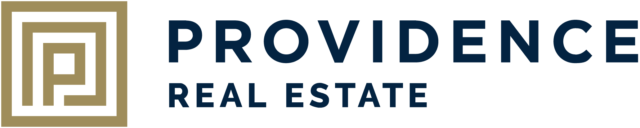 Providence Real Estate logo featuring a stylized gold 'P' monogram and bold navy blue text, representing a trusted property management and investment firm